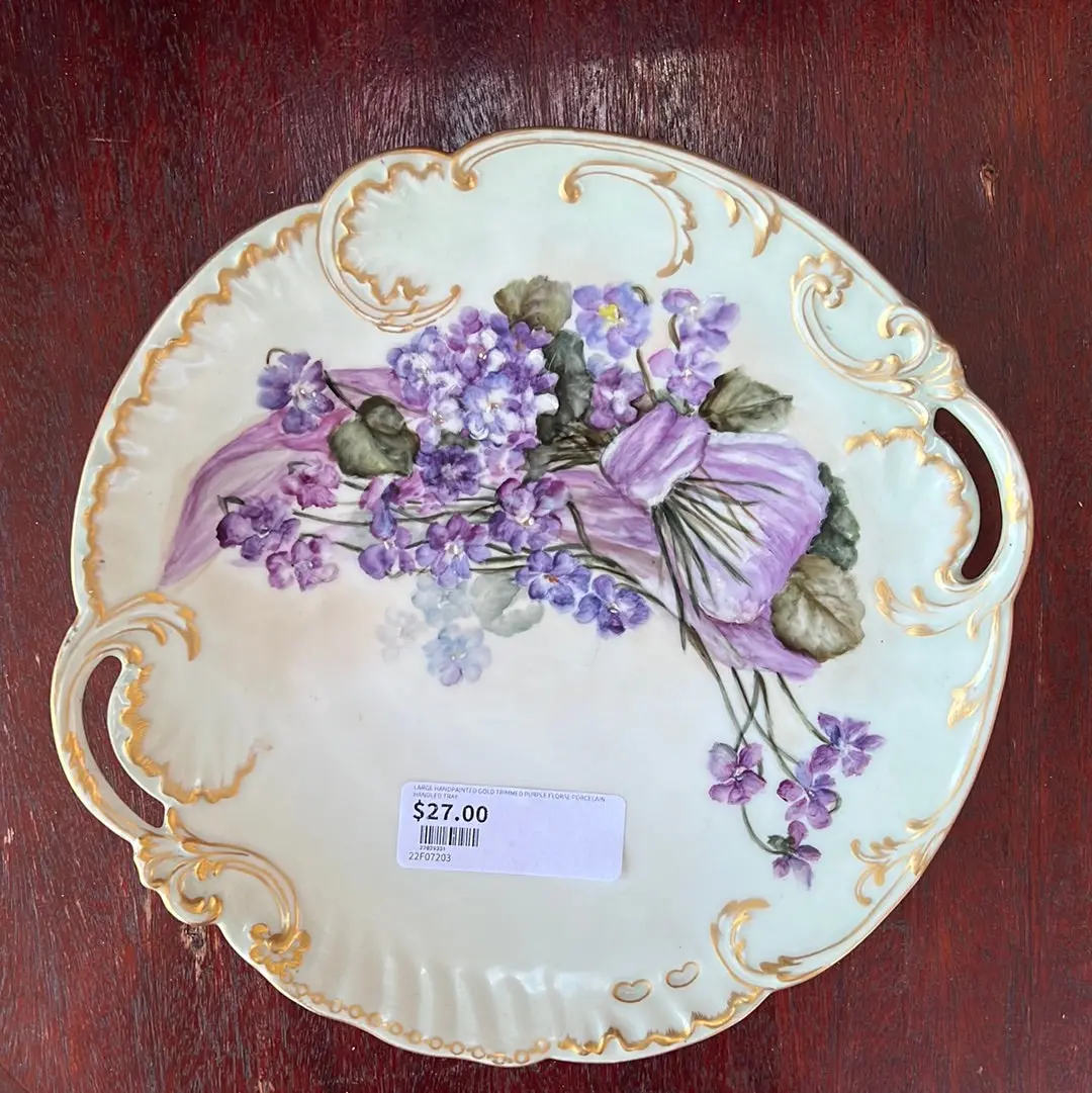Large Handpainted Gold Trimmed Purple Floral Porcelain Handled Tray 1