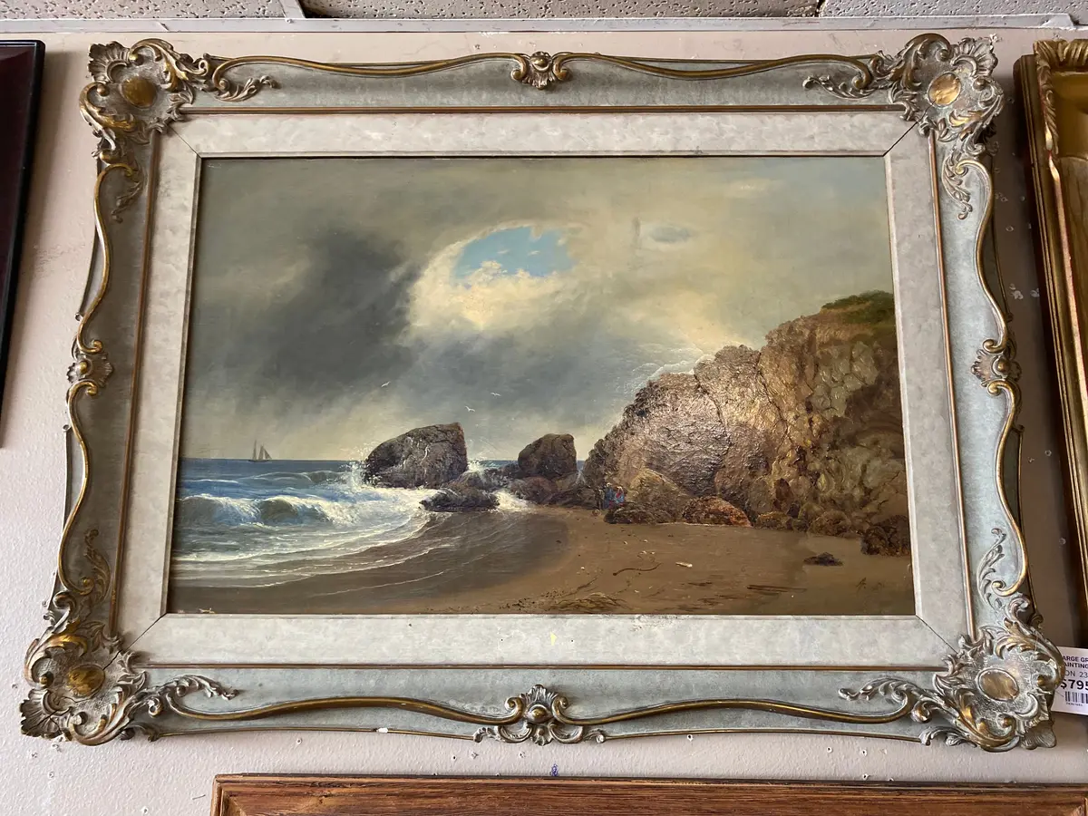 Large Gray & Gold Seascape Oil Painting With Storm Coming In 1