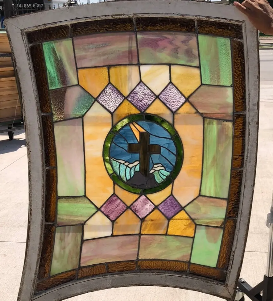Antique 19Th Century American Stained Glass With Cross-Each 1