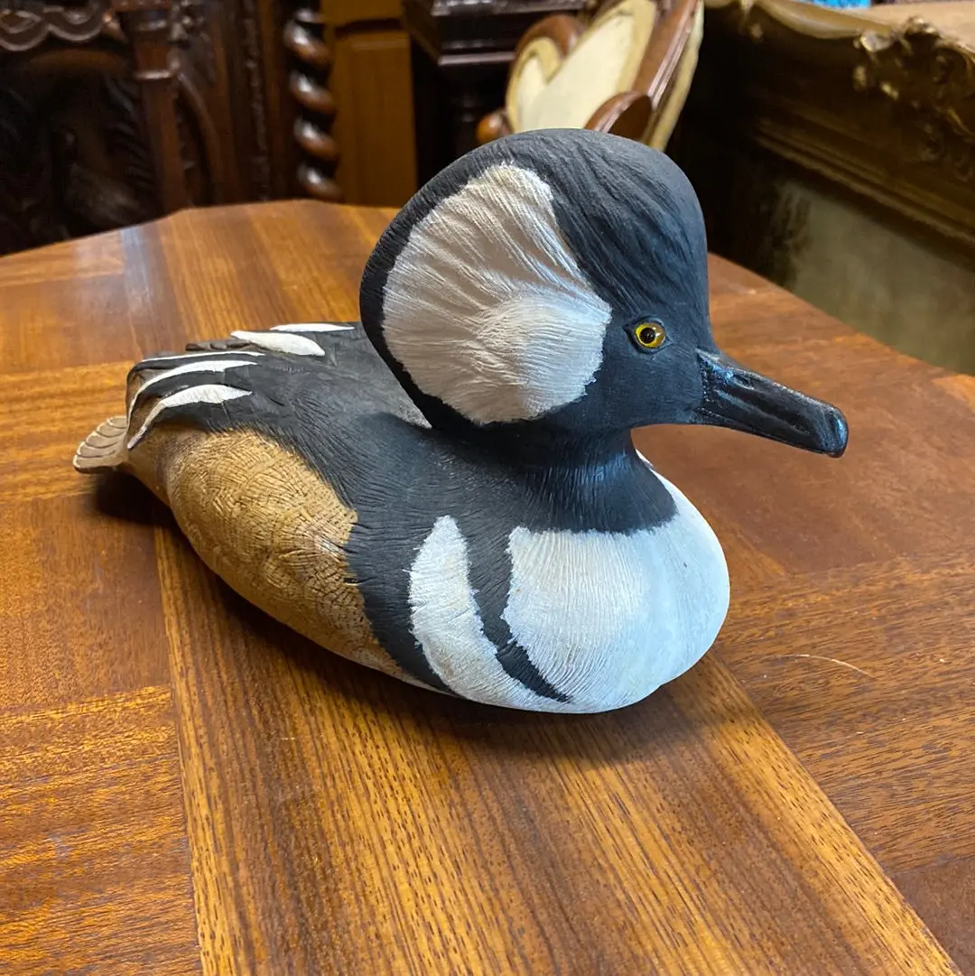 Carved Wooden Hooded Mersanger Duck Decoy 1