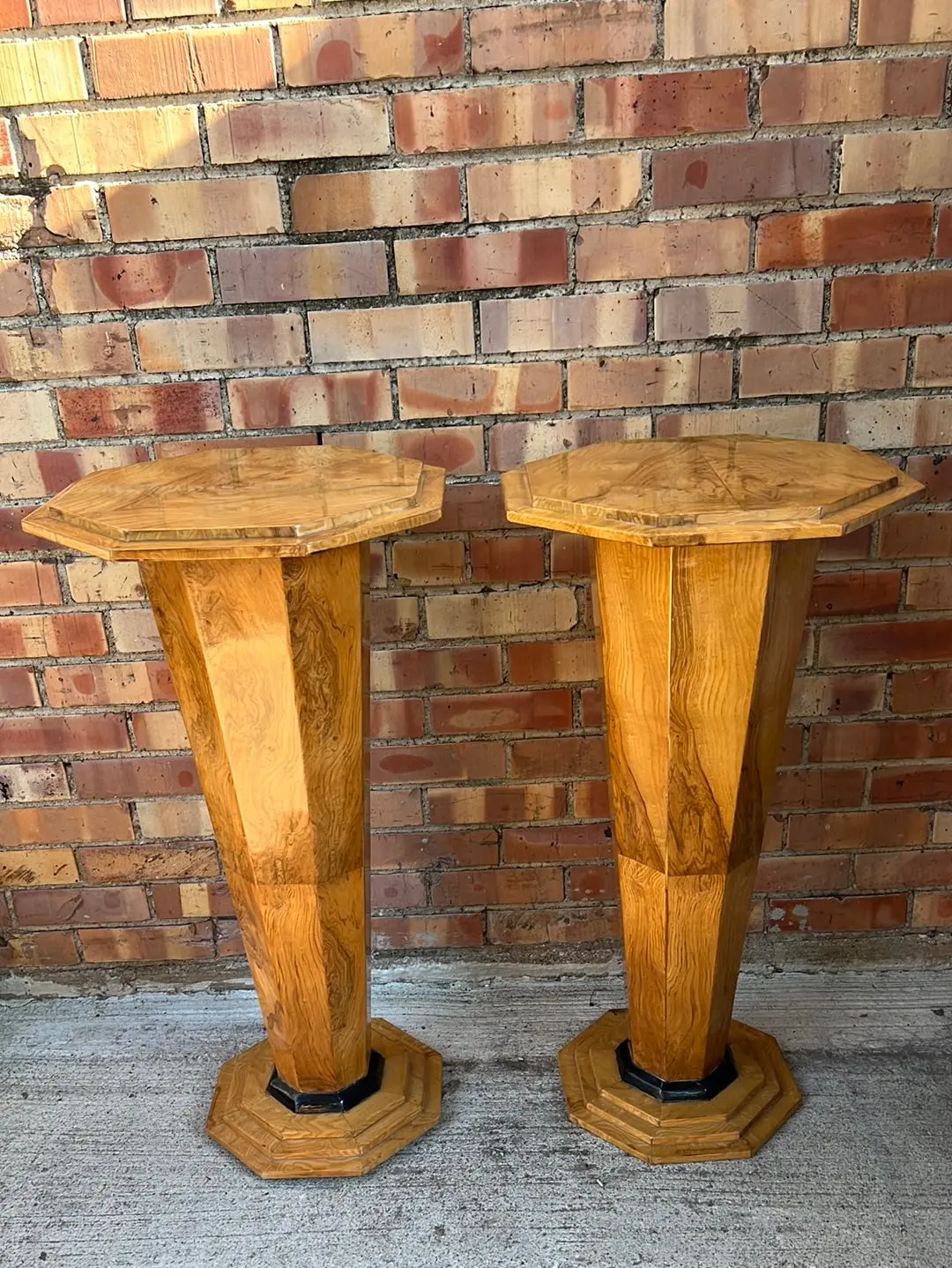 Pair Of Tapered Deco Burl Ash And Ebonized Pedestals 1