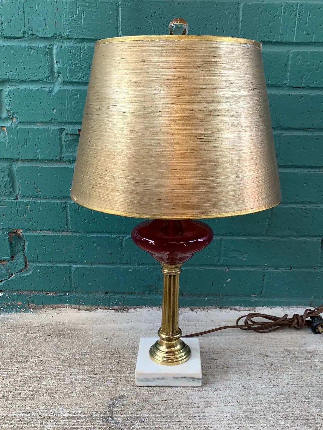 Ruby Glass With Reeded Brass And Marble Base Table Lamp 1