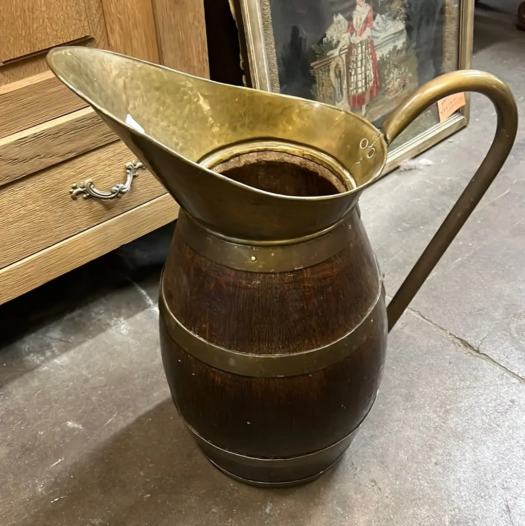 Large Oak Barrel And Brass Pitcher Umbrella Holder 1