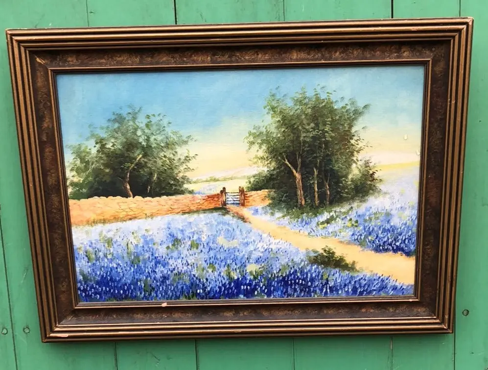 Small Unsigned Bluebonnets And A Fence Oil Painting Unsigned 1