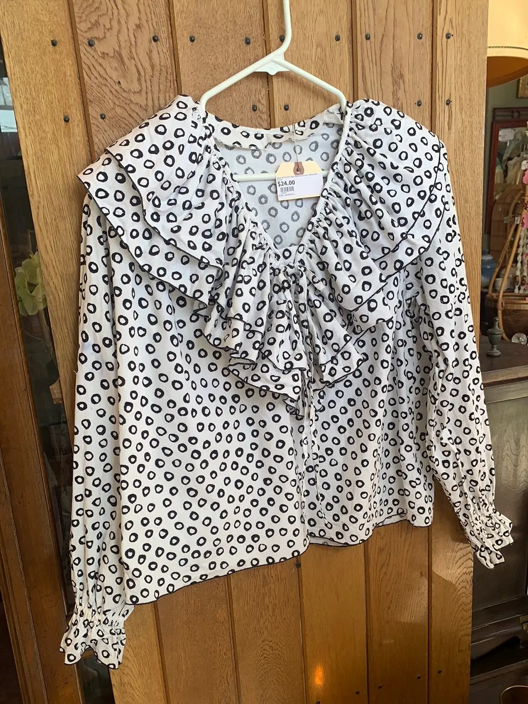 White With Black Circle Print Ruffle Neck Long Sleeve Blouse 1