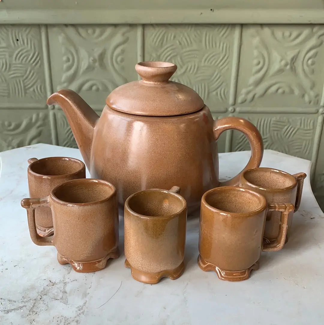 Frankoma Brown Coffee Pot Set - As Found Cups 1