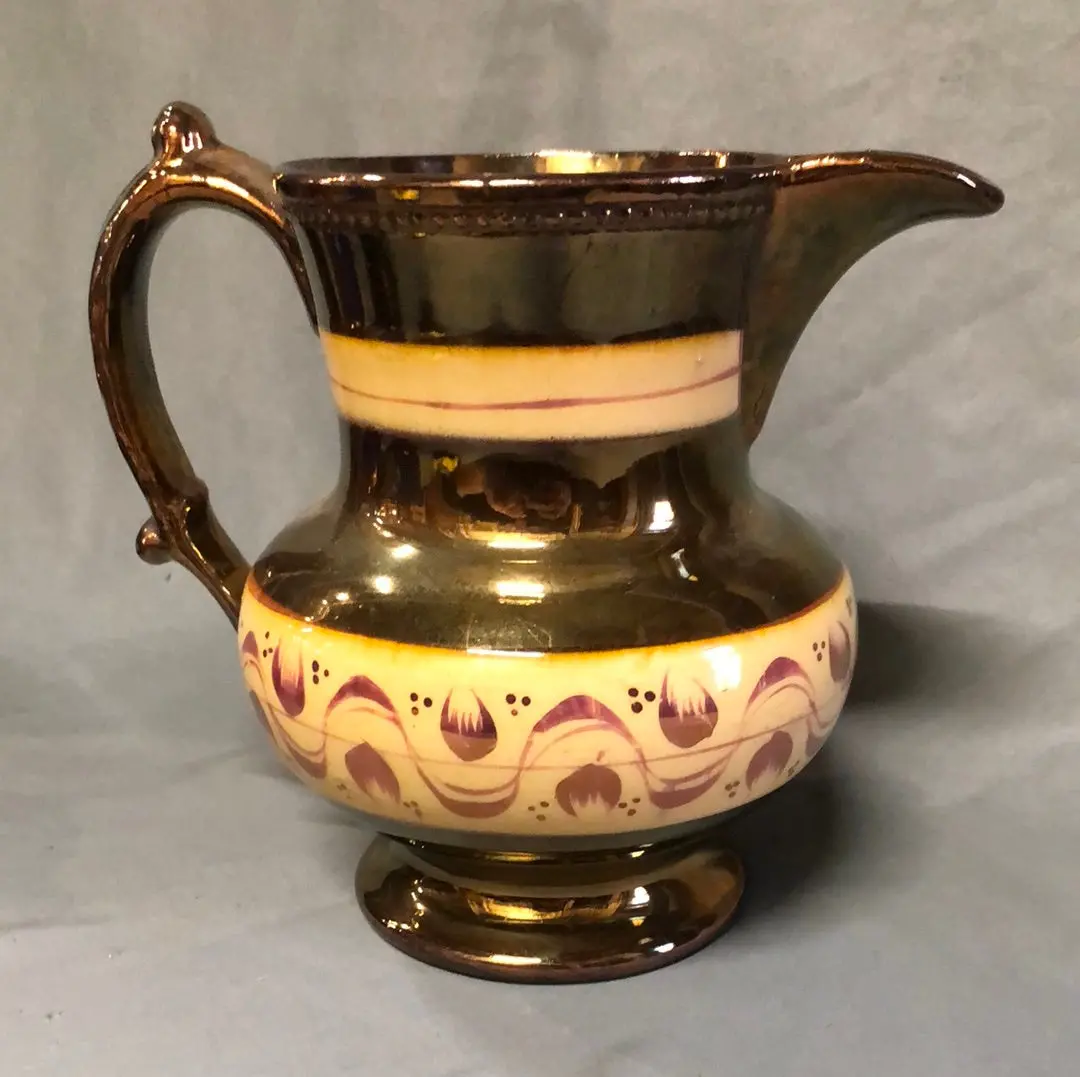 Copper Luster Pitcher With 2 Orange Bands And Tulips 1