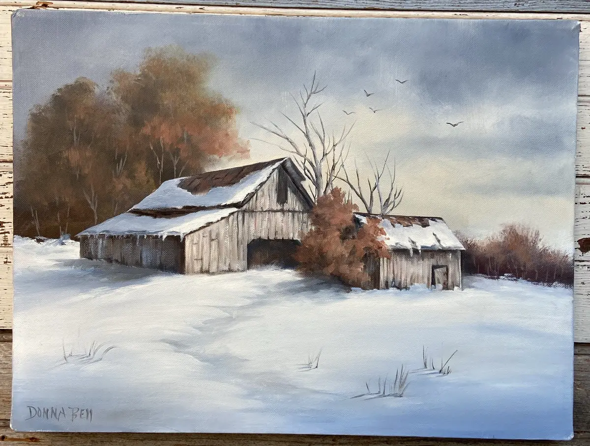 Barn In Snow Scene Painting Signed Donna Bell 1