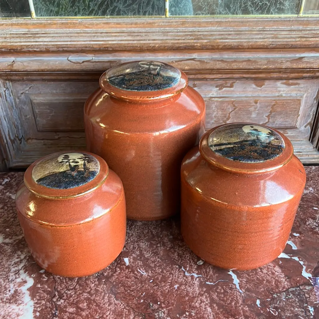 Set Of 3 Glazed Pottery Cannisters With Moonlit Scene Lids 1