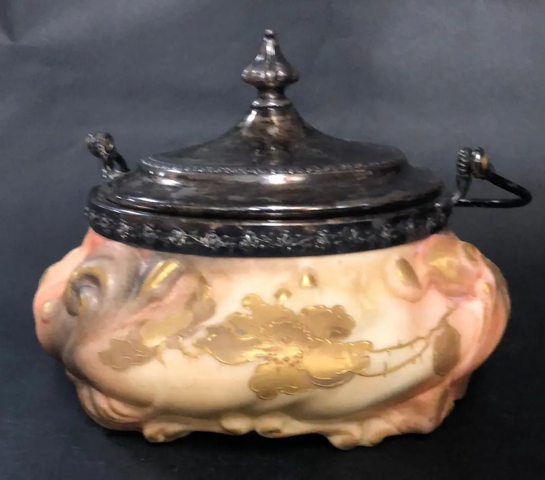 Silverplate Lid And Handled Glass Wavecrest Style Container 1
