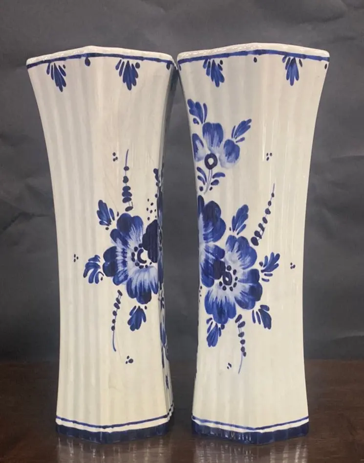 Pair Of Small Hexagonal Floral Delft Vases 1