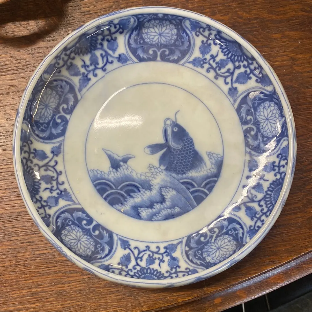 Shallow Blue And White Chinese Koi Bowl 1