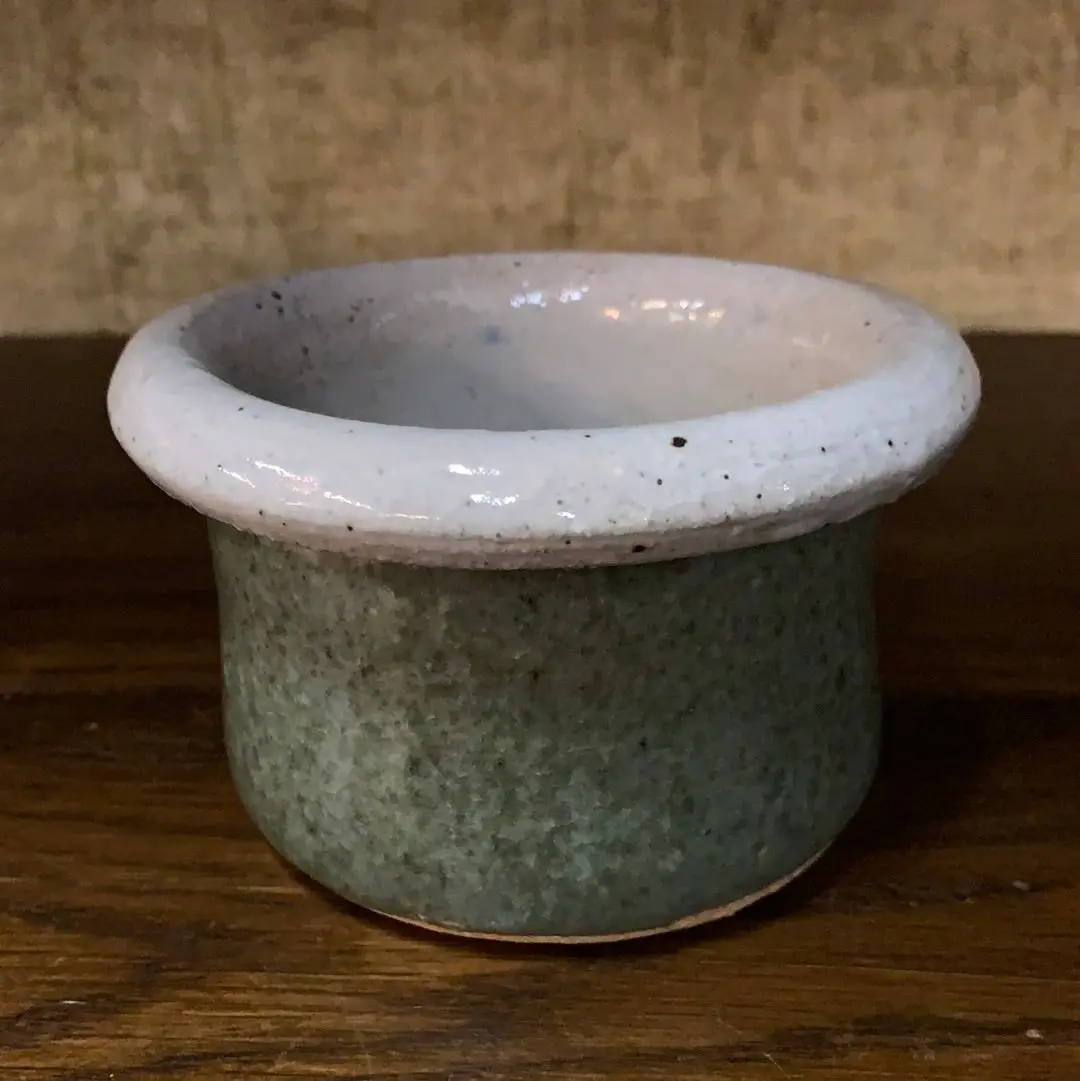 Small Green With Grey Rim Glazed Pottery Vessel 1