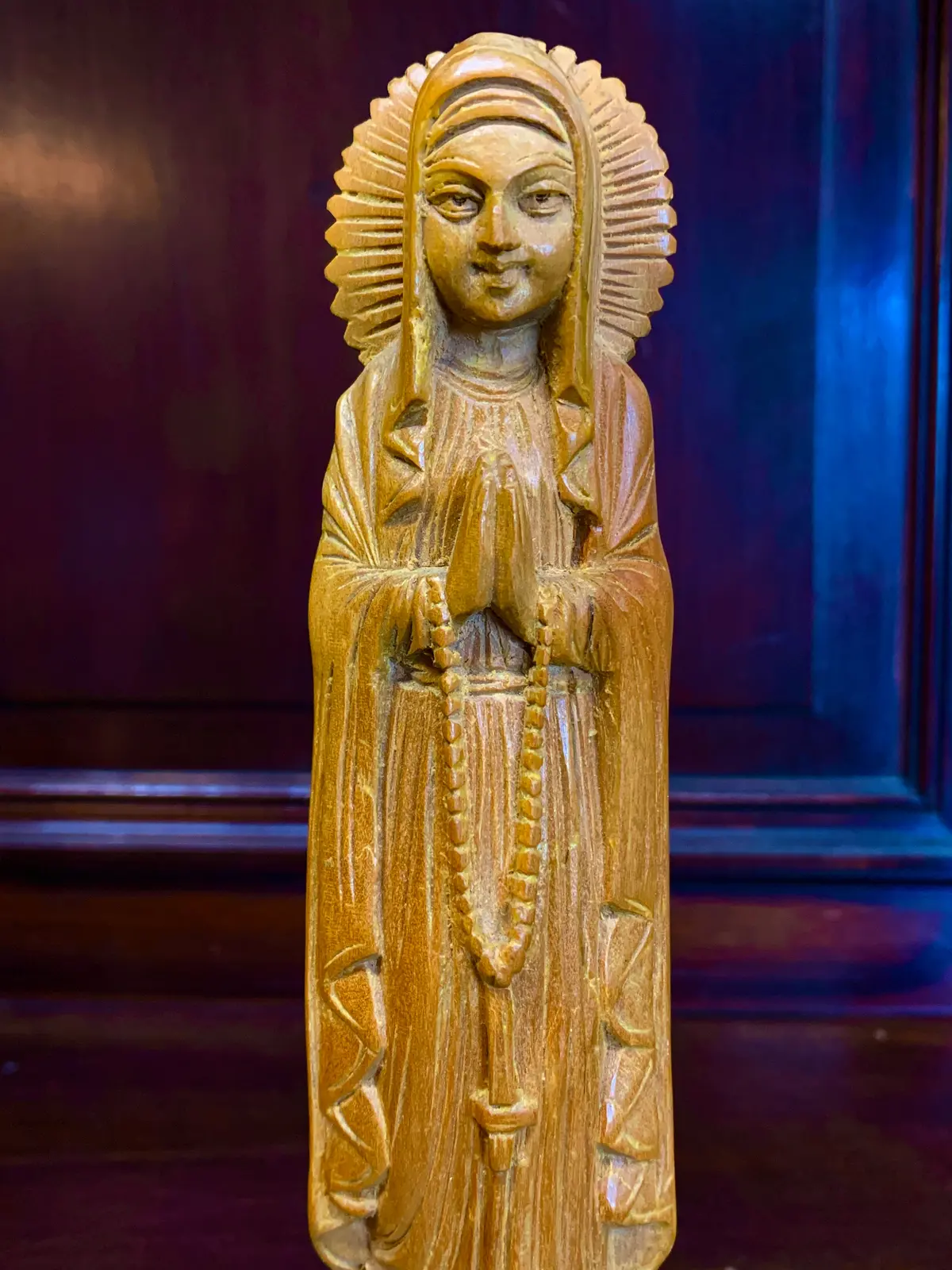 Carved Statue Of Mary With Rosary 1