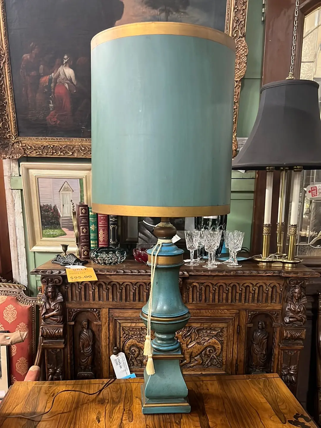 Extra Large Turquoise Table Lamp With Golden Details 1