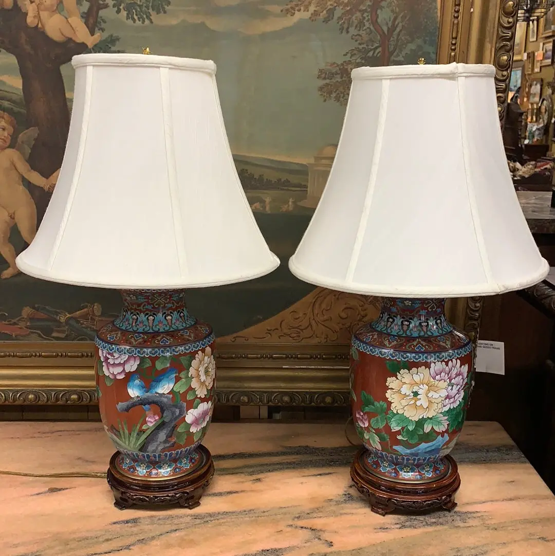 Pair Of Red Cloisonne With Blue Birds Lamps 1