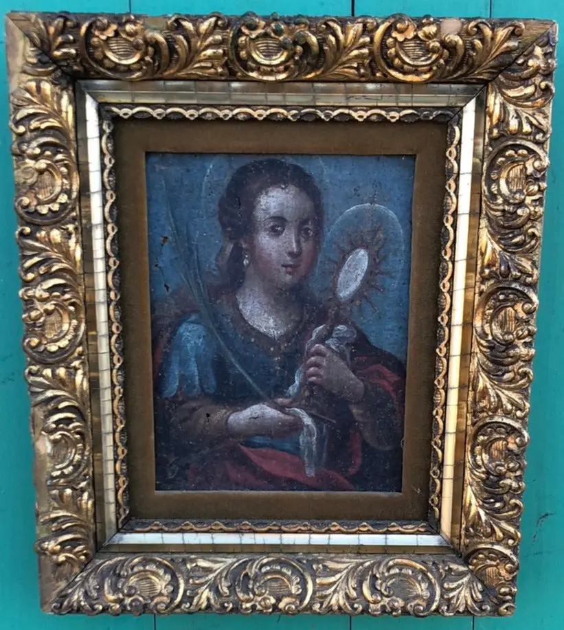 Small Female Saint Oil Painting Holding A Monstronce On Canvas In Gilt Frame 1