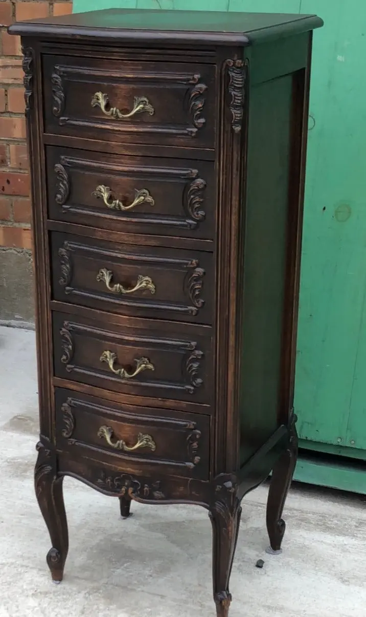 Dark Walnut Lingerie Narrow 5 Drawer Tall Country French Chest 1