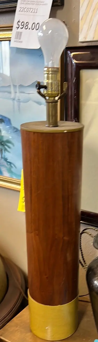 Cylindrical Vintage Wood And Brass Table Lamp 1