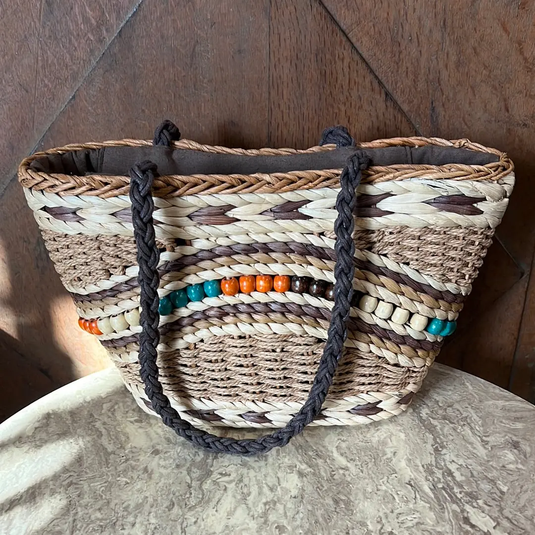 Woven Sea Grass And Sisal Beaded Purse 1
