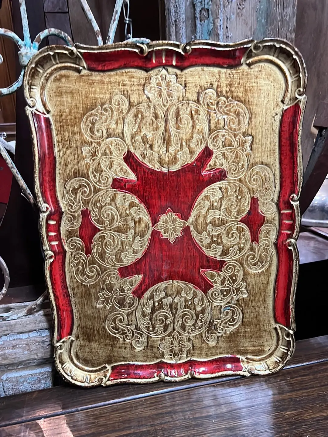 Large Red And Gold Florentine Tray 1