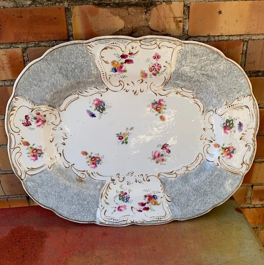 Large Gray And White With Floral Motif Porcelain Platter - As Found 1