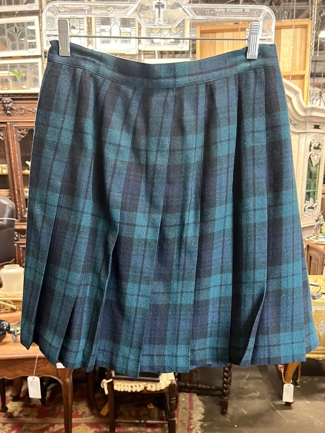 Vintage Green Plaid Wool Pleated Skirt 1