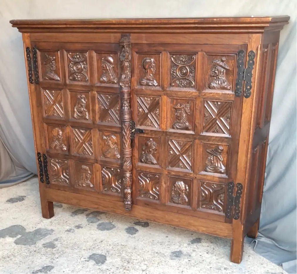 2 Door Shallow Carved Oak Gothic Cabinet With Portraits 1