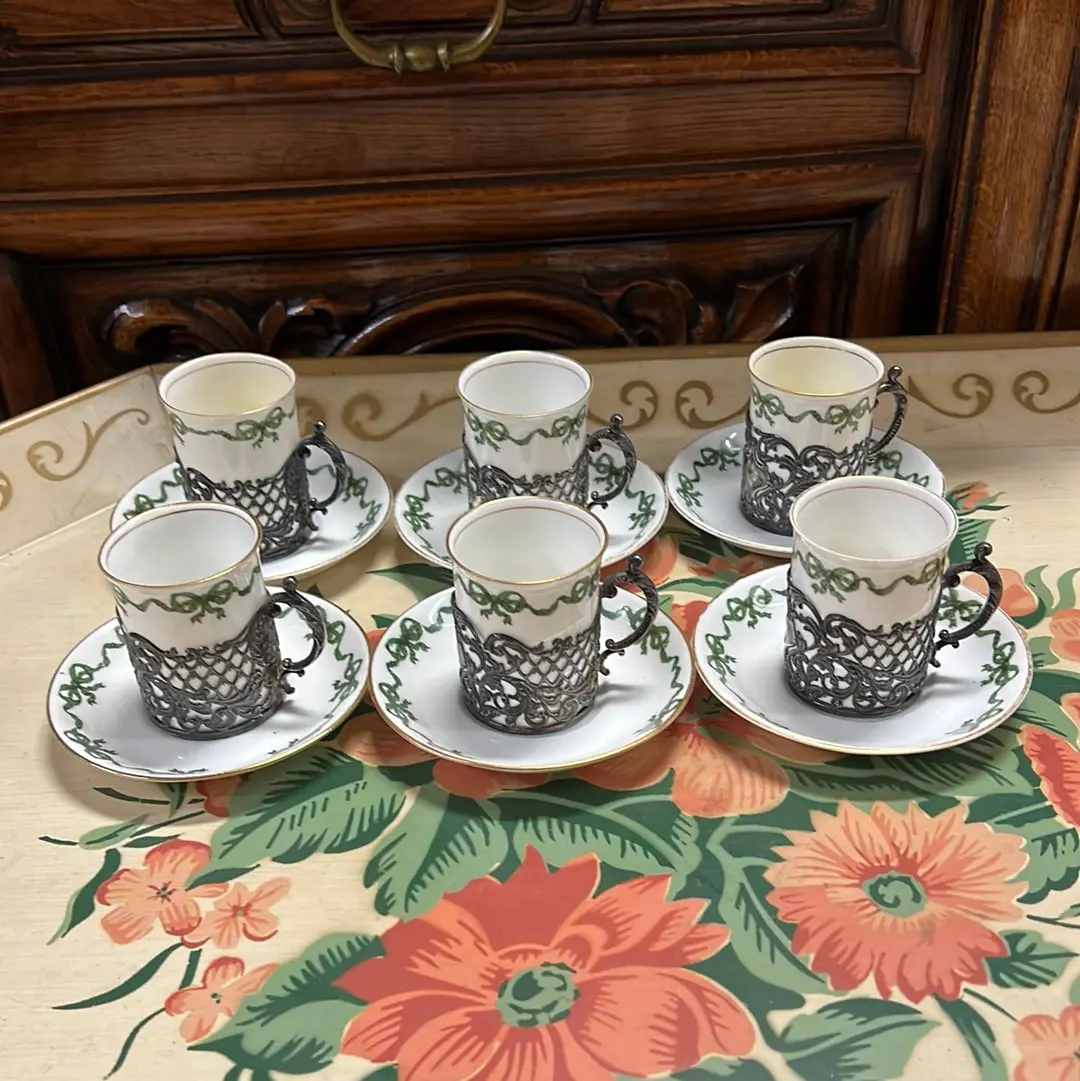 Set Of 6 Crescent English Tiny Coffee Cups With Metal Holders And Saucers 1