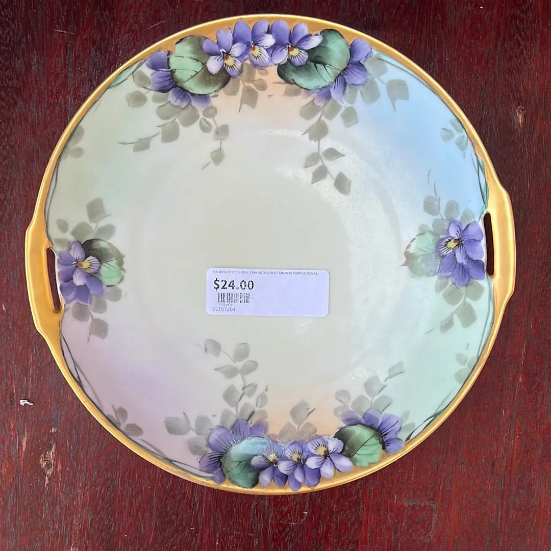 Handpainted Floral Tray With Gold Trim And Purple Violas 1