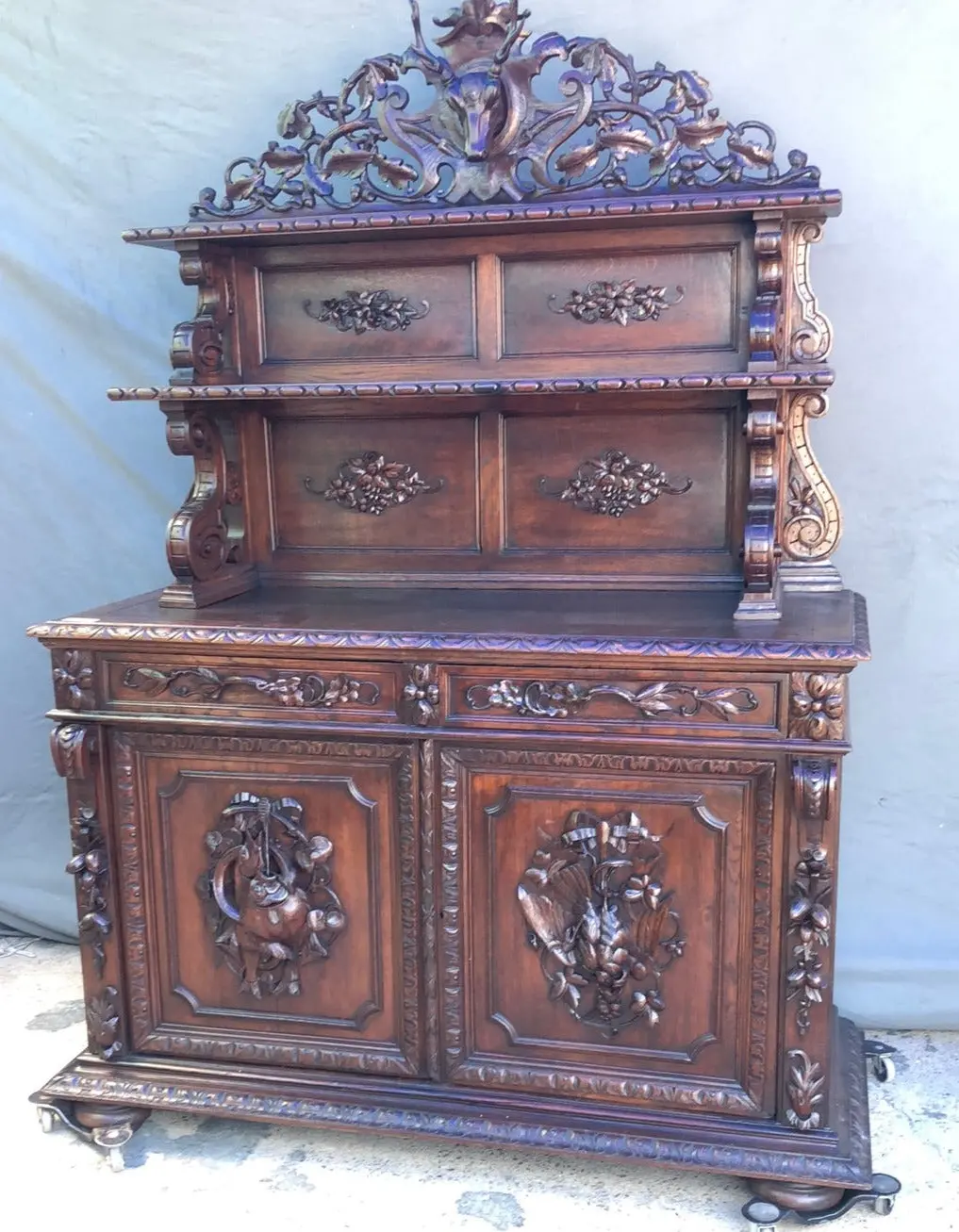 Large Carved Elk Head Black Forest Oak Server With Open Shelves 1