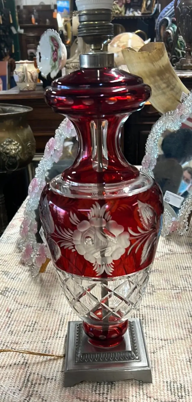 Bohemian Cut To Clear Cranberry Lamp 1