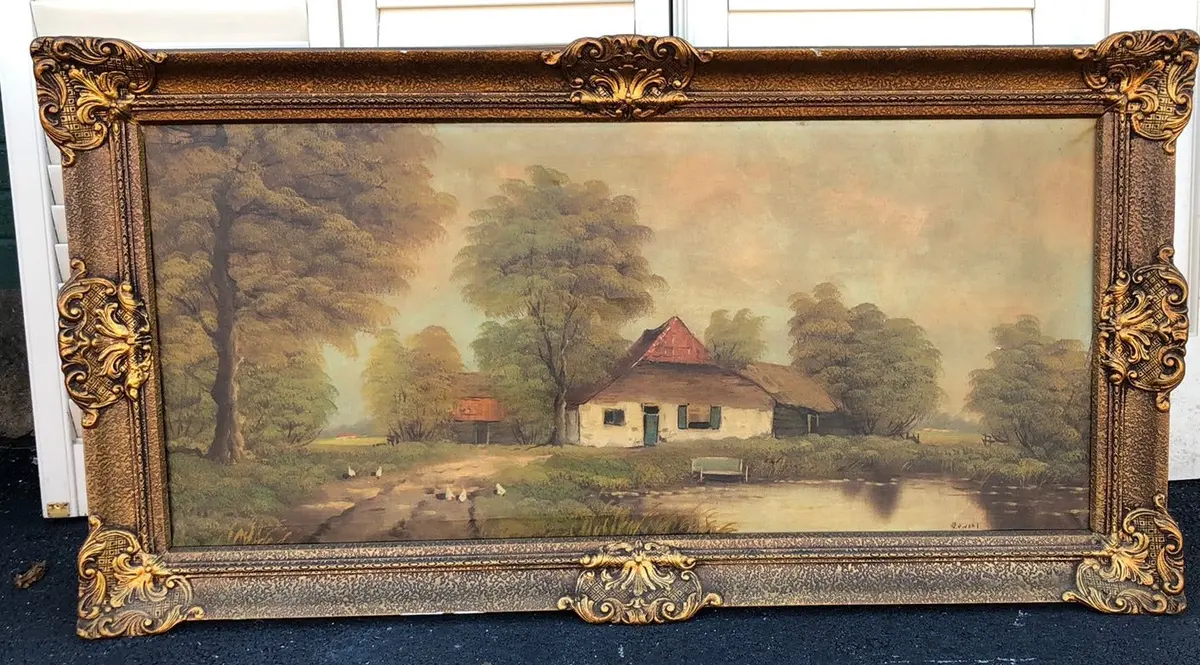 Bucolic Oil Painting With Cottage And Ducks 1
