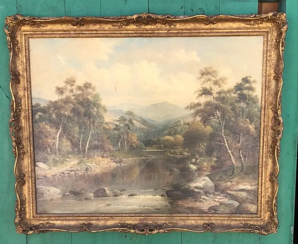 Ornate Framed Landscape Oil Painting Of River And Mountains With Couple Fishing 1