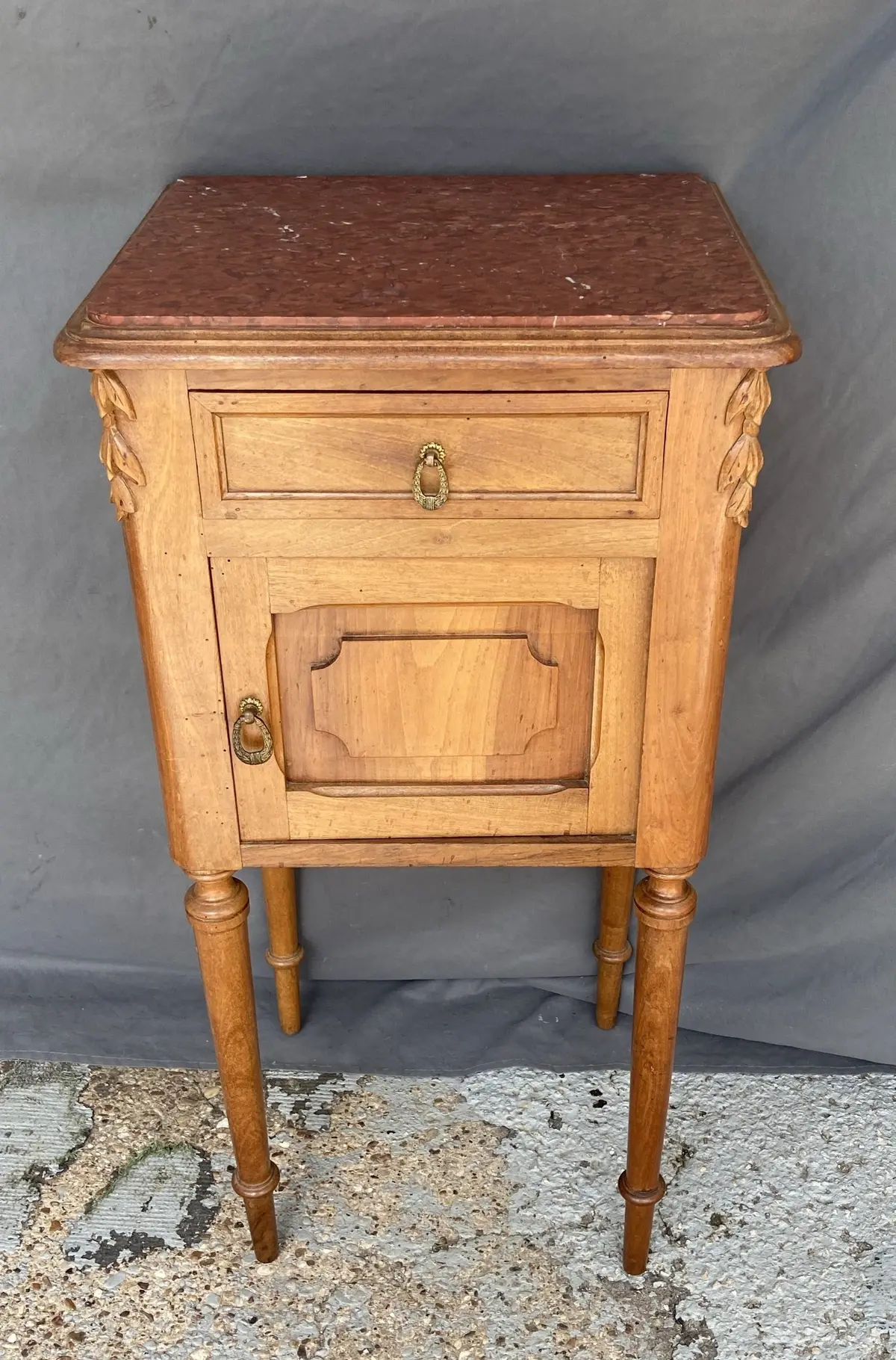 Louis Xvi Marble Top Walnut Small Cabinet With Bellflower Accents 1