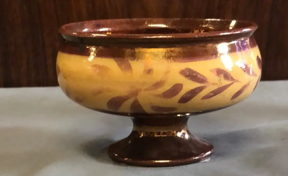 Copper Luster Footed Dish With Yellow Band Pinwheel 1
