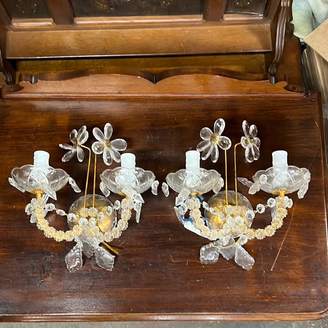 Pair Of Gilt Metal Sconces With Crystal Flowers And Prisms 1