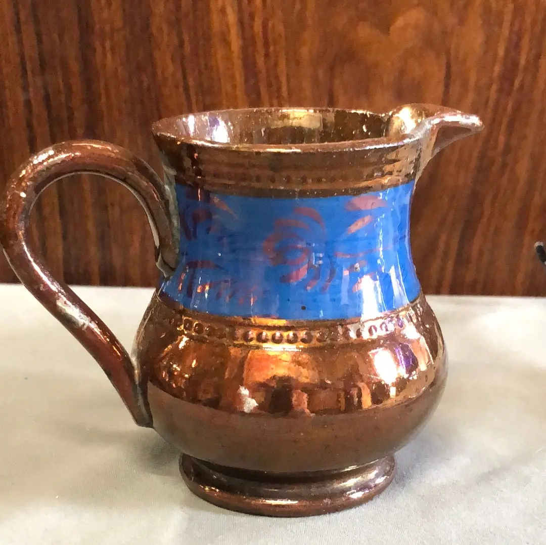Small Copper Luster Pitcher With Folliate Blue Band 1