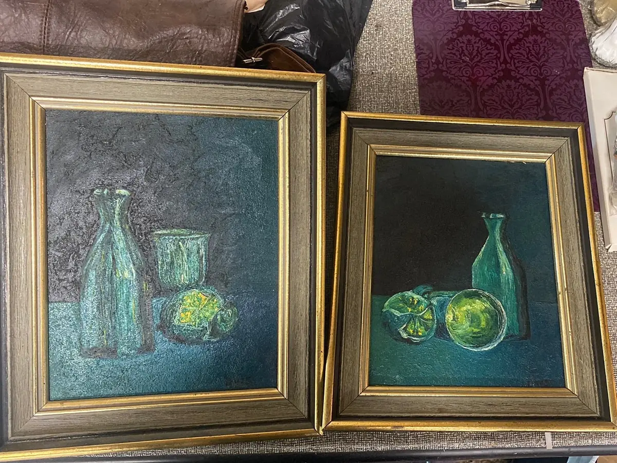 Pair Of Vintage Blue/Green Still Life Oil Paintings 1