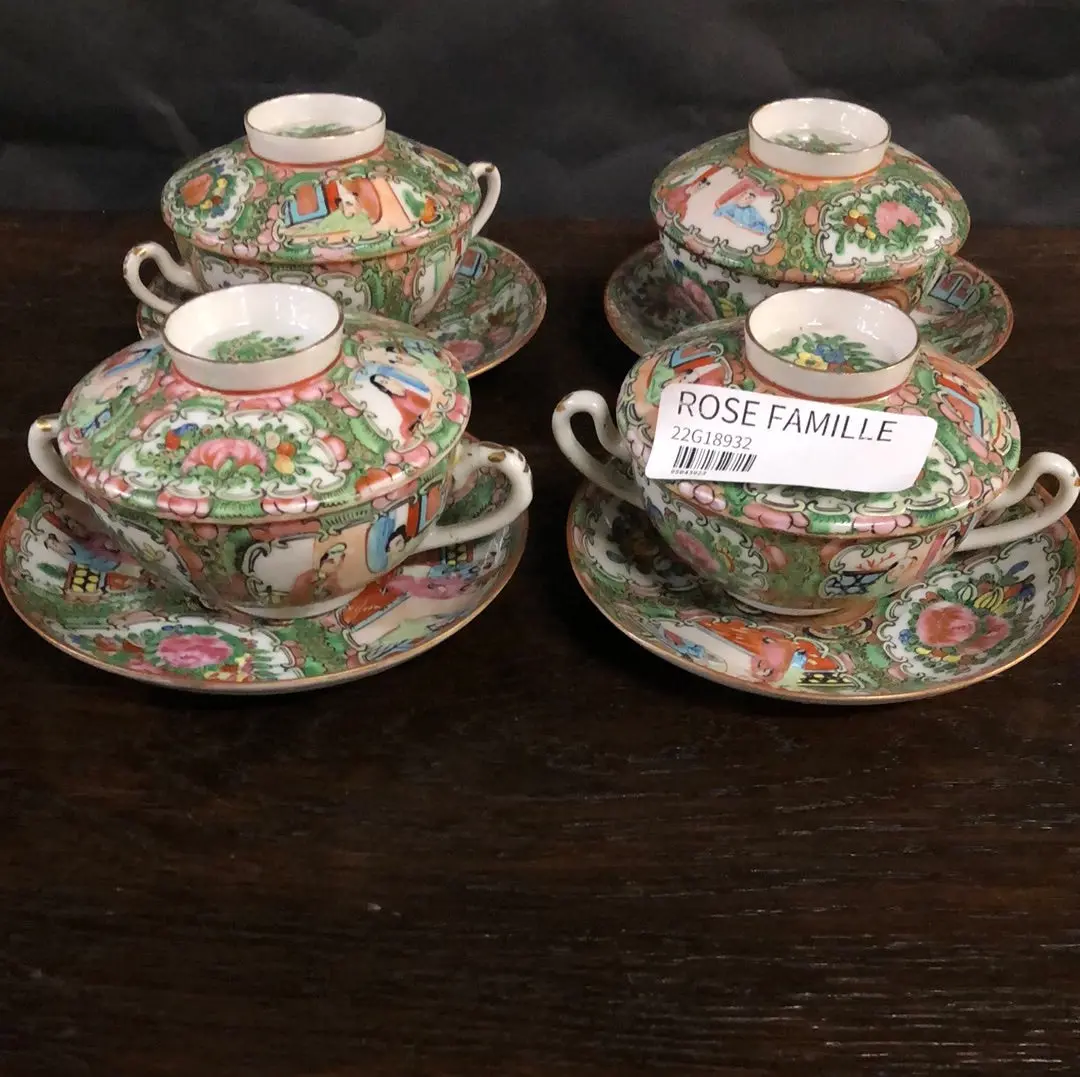 Set Of Four Rose Famille Bullion Cups With Lids 1
