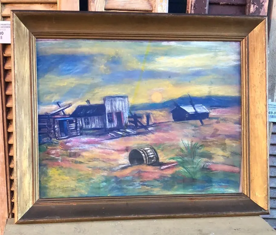 Chalk Painting Of Dilapidated Town Signed 1