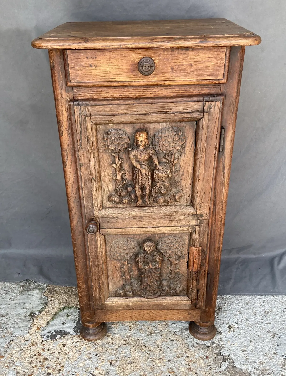 Early Figural Carved Oak Side Cabinet 1