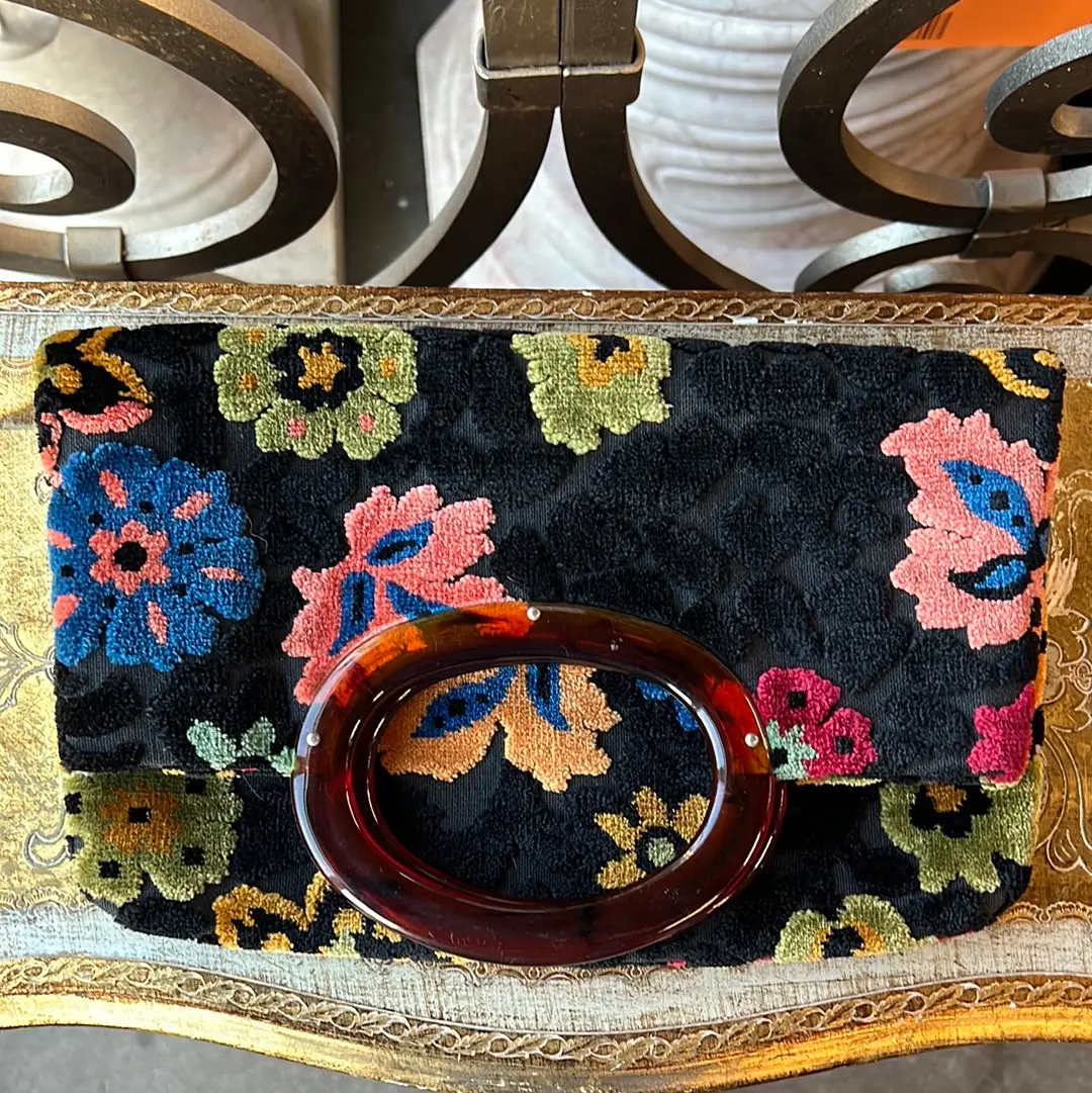 Floral Velvet Foldable Clutch Purse With Acrylic Handles 1