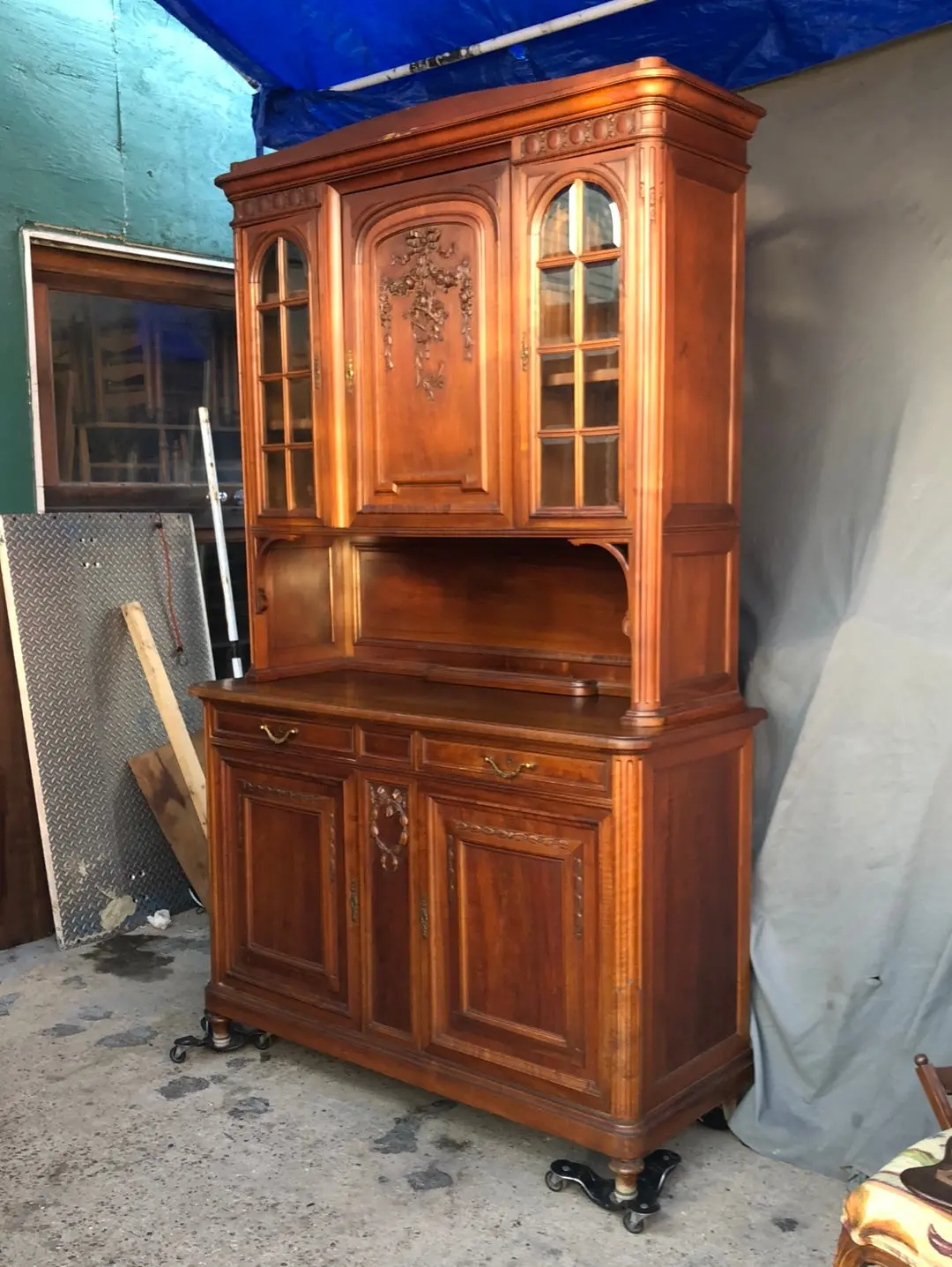 As Found Louis Xvi Walnut Buffet With Beveled Glass With Floral Bouquet 1