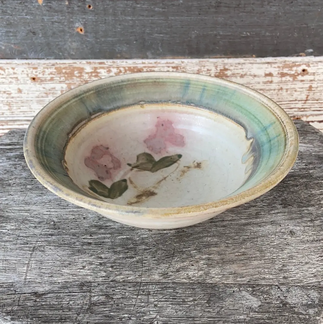 70'S Art Pottery Floral Bowl With Green Band 1