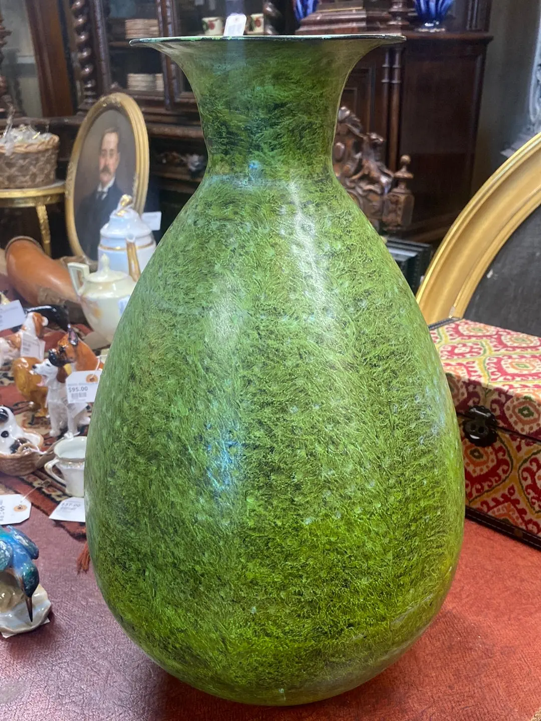 Large Hammered Green Painted Metal Vase 1