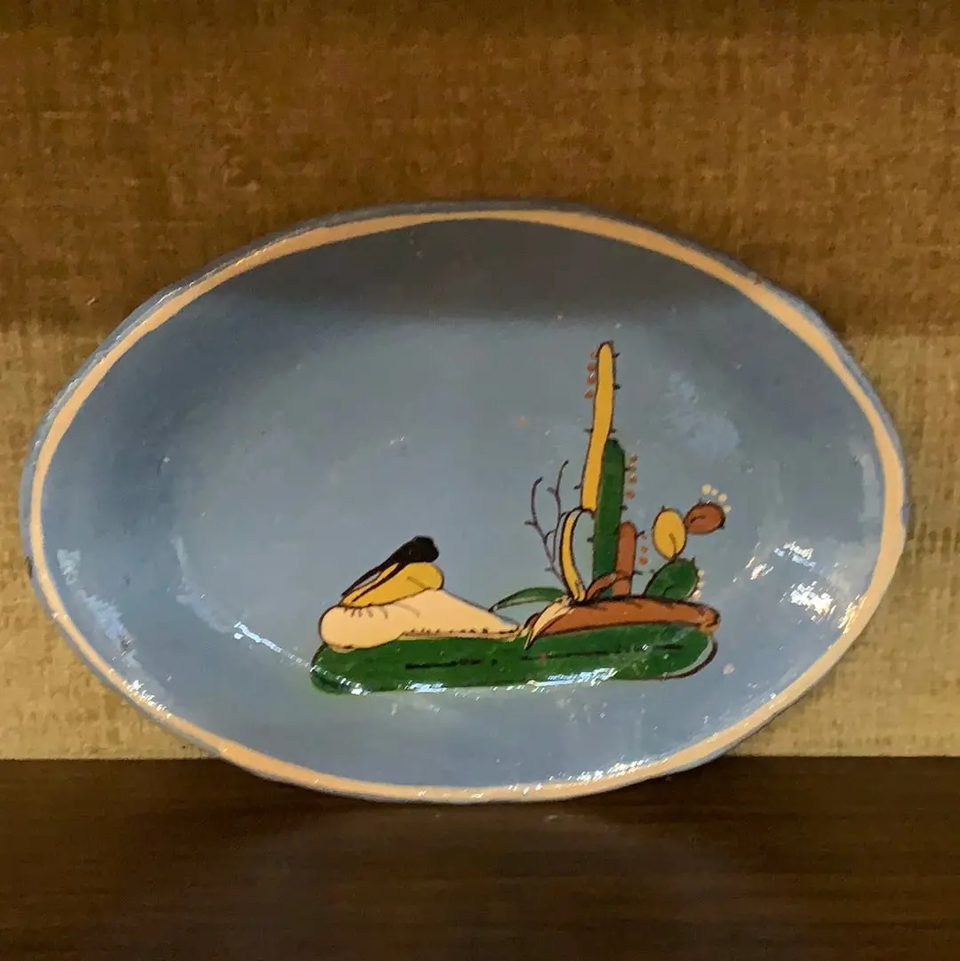 Blue Mexican Pottery Plate With Person And Cacti 1