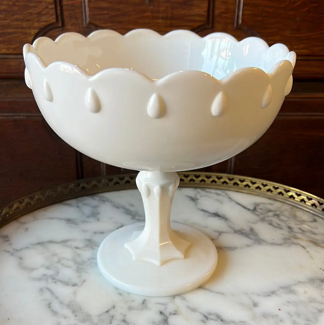 Scallop Edge And Tear Drop Milk Glass Compote 1