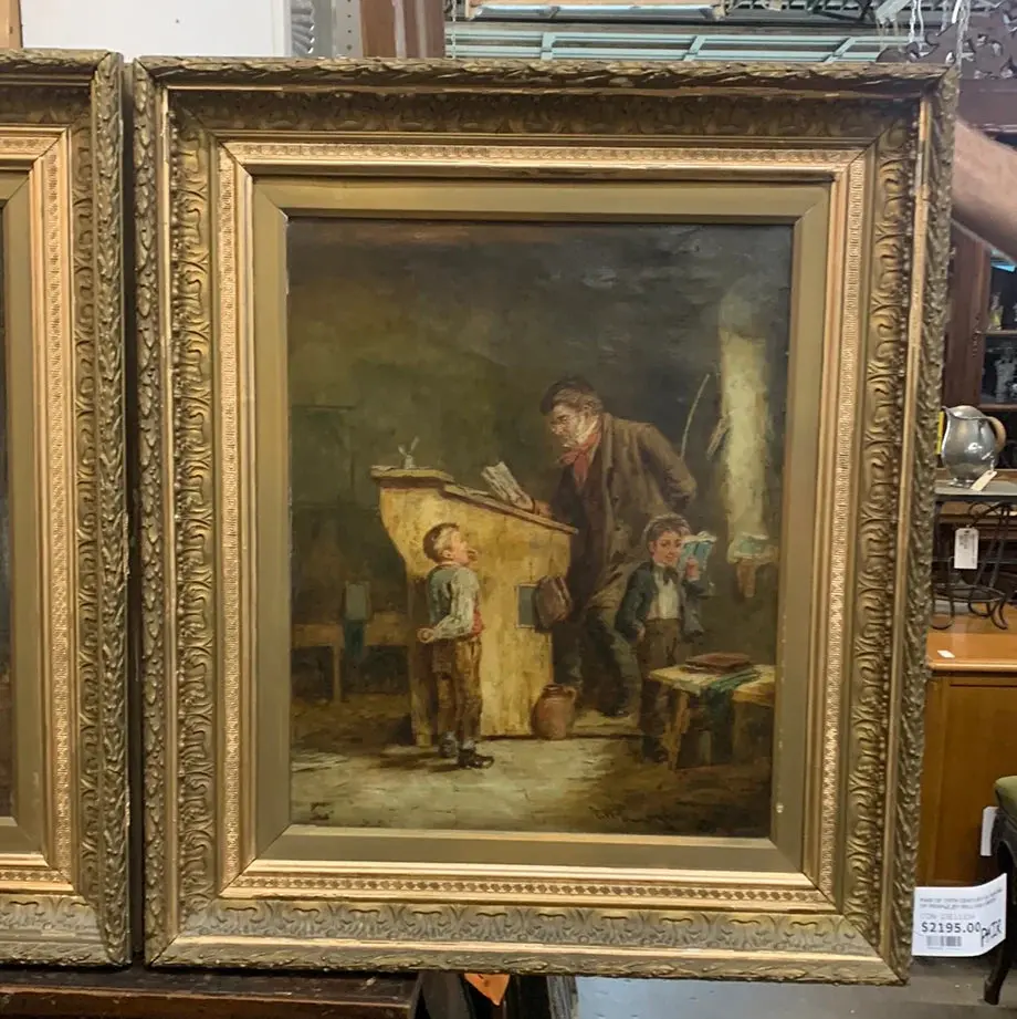 19Th Century Oil Painting Of Teacher With Bad Child By William Langois 1