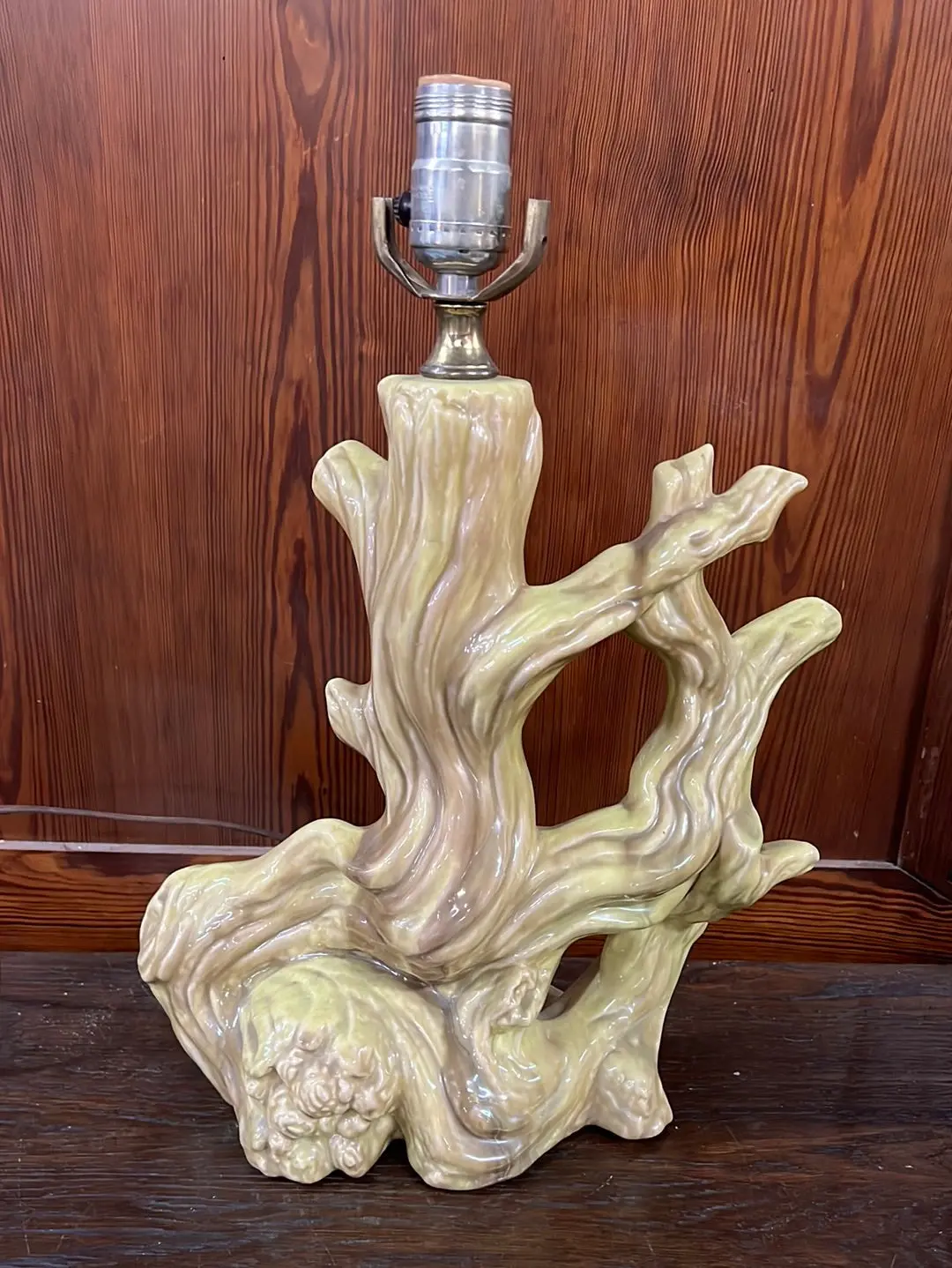 Mid Century Green Wood Shaped Ceramic Lamp 1